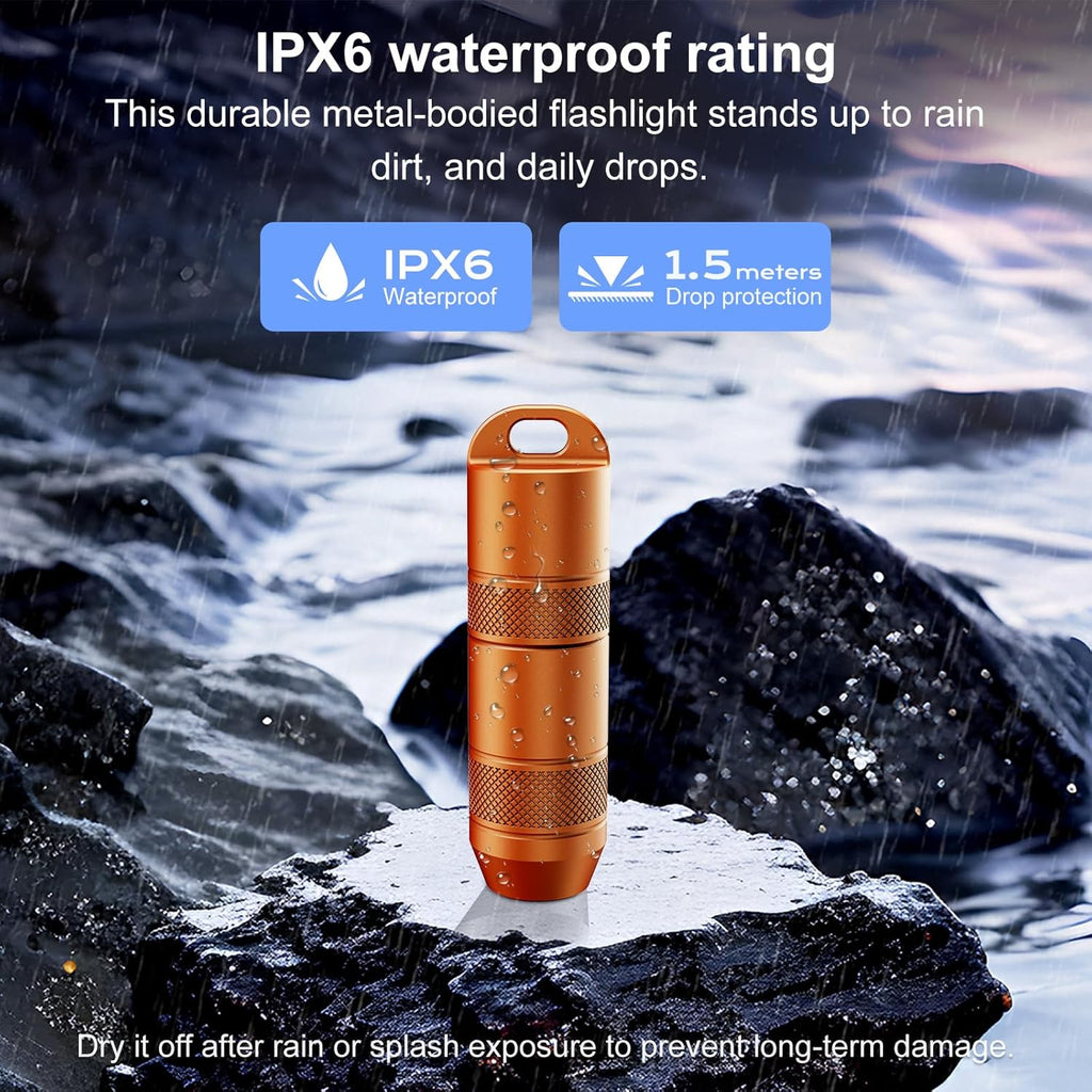 Skiennix Mini Keychain Flashlight - 100 Lumens USB-C Rechargeable Micro LED Torch | Waterproof IPX6, Orange