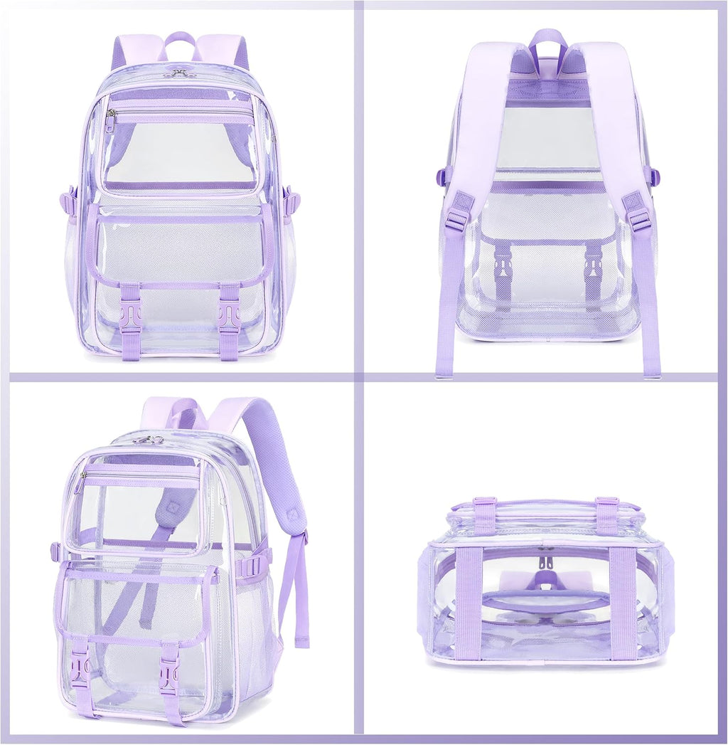 Skiennix Large Clear Backpack - Heavy Duty PVC for 16-Inch Laptops | Transparent Design for School & Travel - Purple