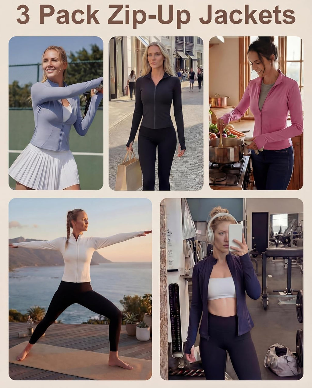 Shyyween Women's Workout Jacket - Slim Fit Cropped Zip-Up Athletic Top with Thumb Hole | 3 Pack