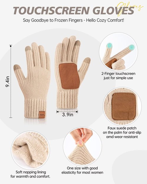 Winter Hat Gloves Scarf Earmuffs Set for Women, Fleece Lined Beanie Long Knit Neck Scarf Touchscreen Gloves Adjustable Ear Warmer, 4 in 1 Fashionable Warm Gift Set for Cold Weather-01