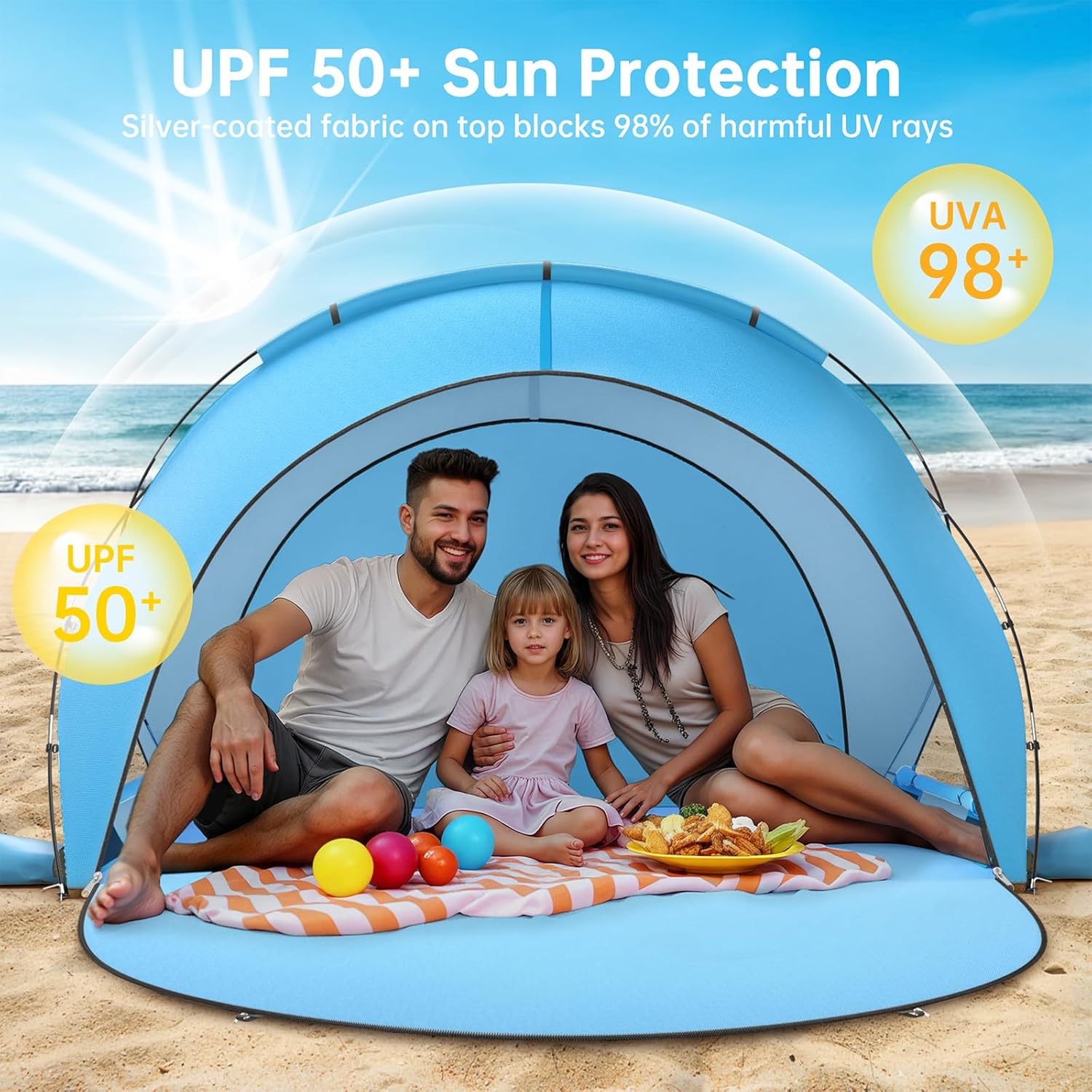 Raynesys Beach Tent - Portable Sun Shelter with UPF50+ UV Protection | Fits 1-3 People, Blue