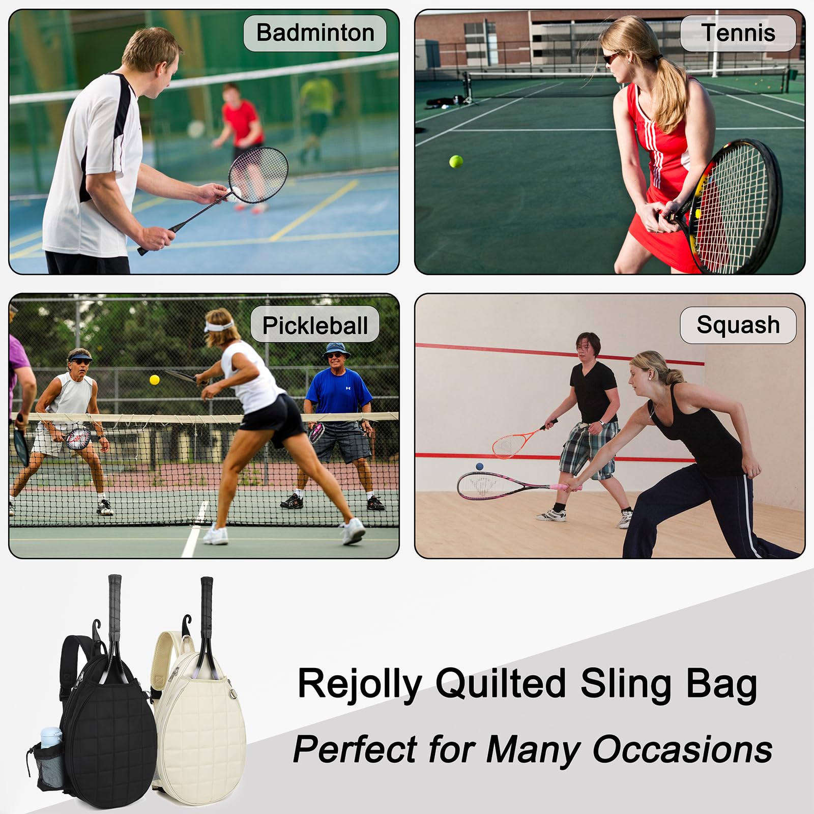 Rejolly Tennis Racket Sling Bag for Women Men Quilted Water Resistant Racquet Cover One Shoulder Crossbody Bag for 2 Tennis Rackets, Pickleball Paddles, Badminton Racquet Cream White