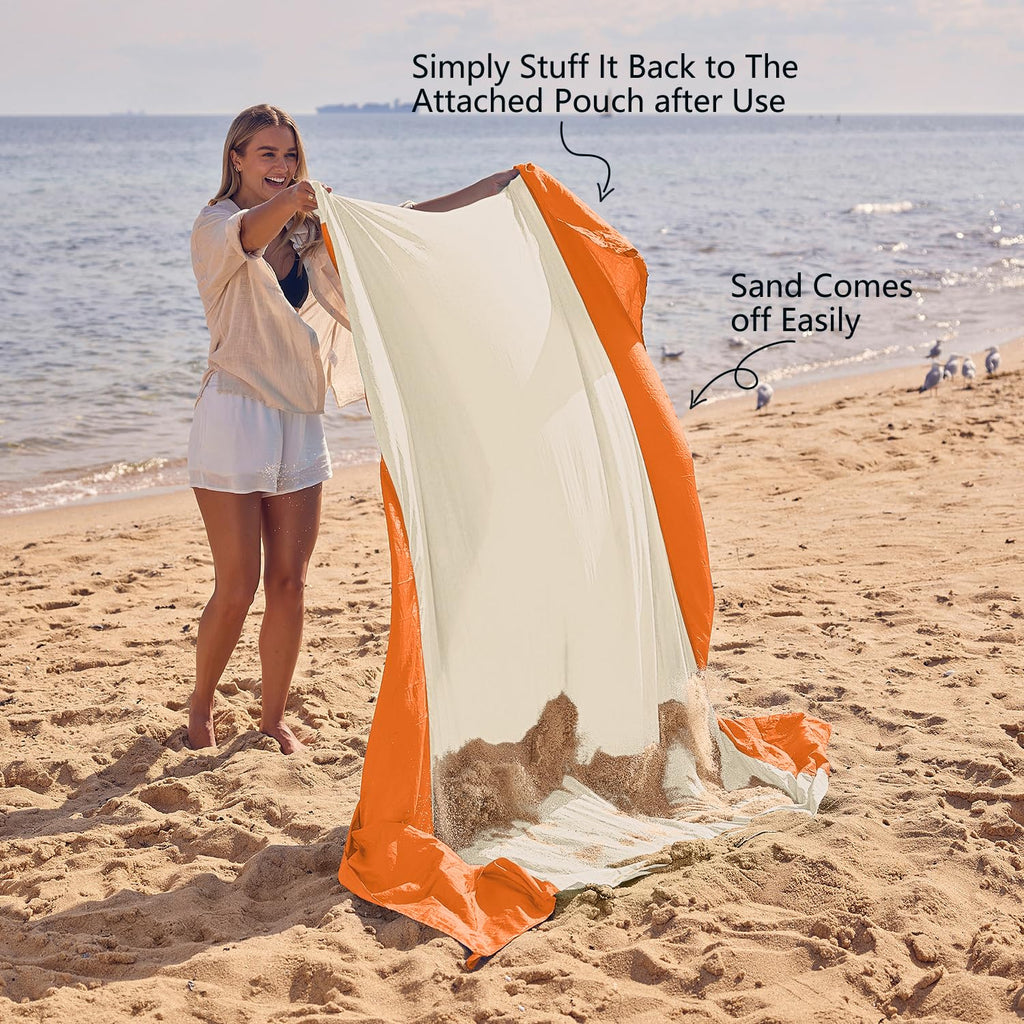 WEKAPO Beach Blanket Sandproof Waterproof, Extra Large Beach Mat, Oversized & Compact Sand Free, Quick Drying Beach Essentials for Vacation, Cruise, Picnic & Camping with Stakes (Orange, 7x7 FT)