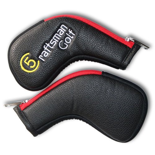 Craftsman Golf 11pcs /Set (4,5,6,7,8,9,A,S,P,L,X) Synthetic Leather Black with Red Edge Iron Head Cover Headcover Set for Callaway Ping Etc. with Zipper