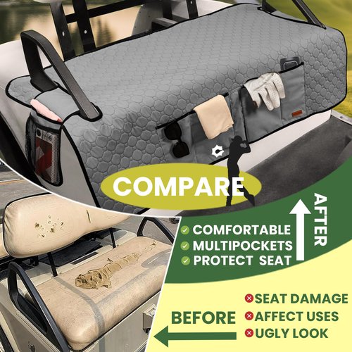 CROTIRAD Golf Cart Seat Covers with 4 Side Pockets, Universal Club Car Seat Covers Towel Blanket with 4 Front Pockets & Nonskid Bottom Compatible with EZGO and More 2 Person Seats Golf Carts, Gray