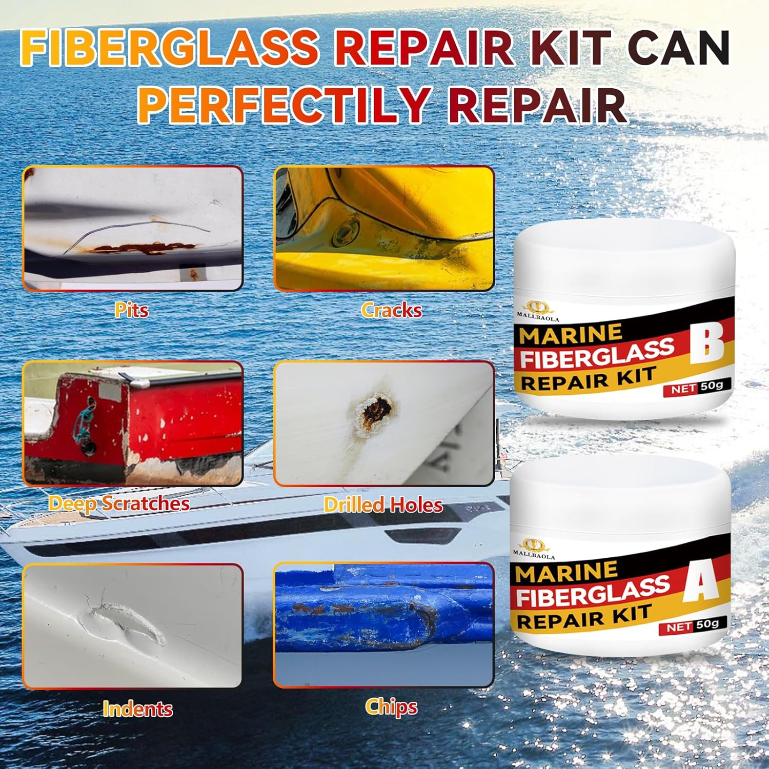 Skiennix Marine Fiberglass Repair Kit - Gel Coat & Epoxy Filler for Boats | Fix Holes, Chips, Cracks