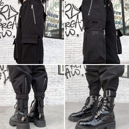 MEINVQIAOTI Black Cargo Pants Women Loose Chained Pants Multi-Pocket Multi-Zip Punk Goth Pants(Black&White,XL)