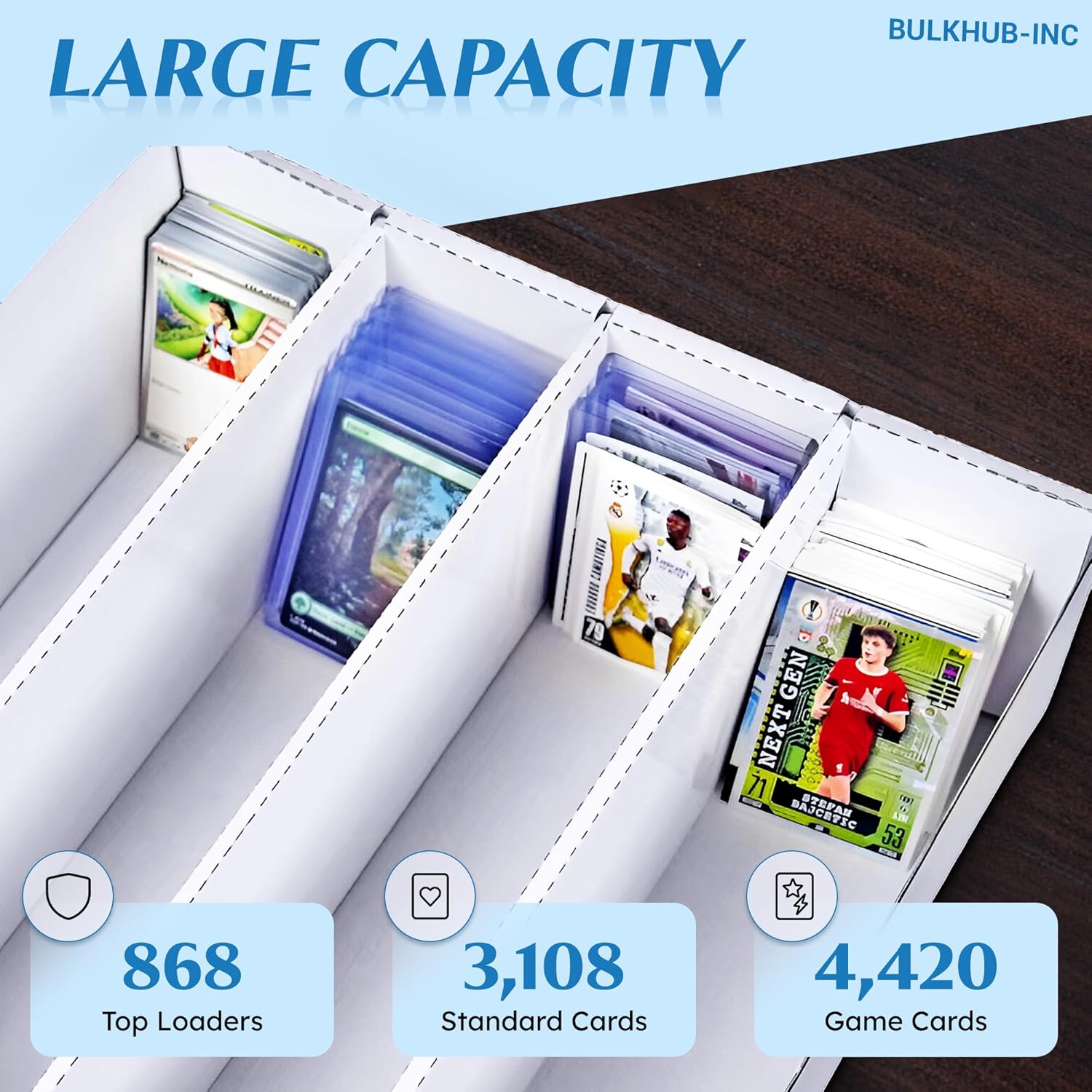 Trading Card Storage Box 3200 Count - Cardboard Organizer for Sports & TCG Cards - White with Dividers