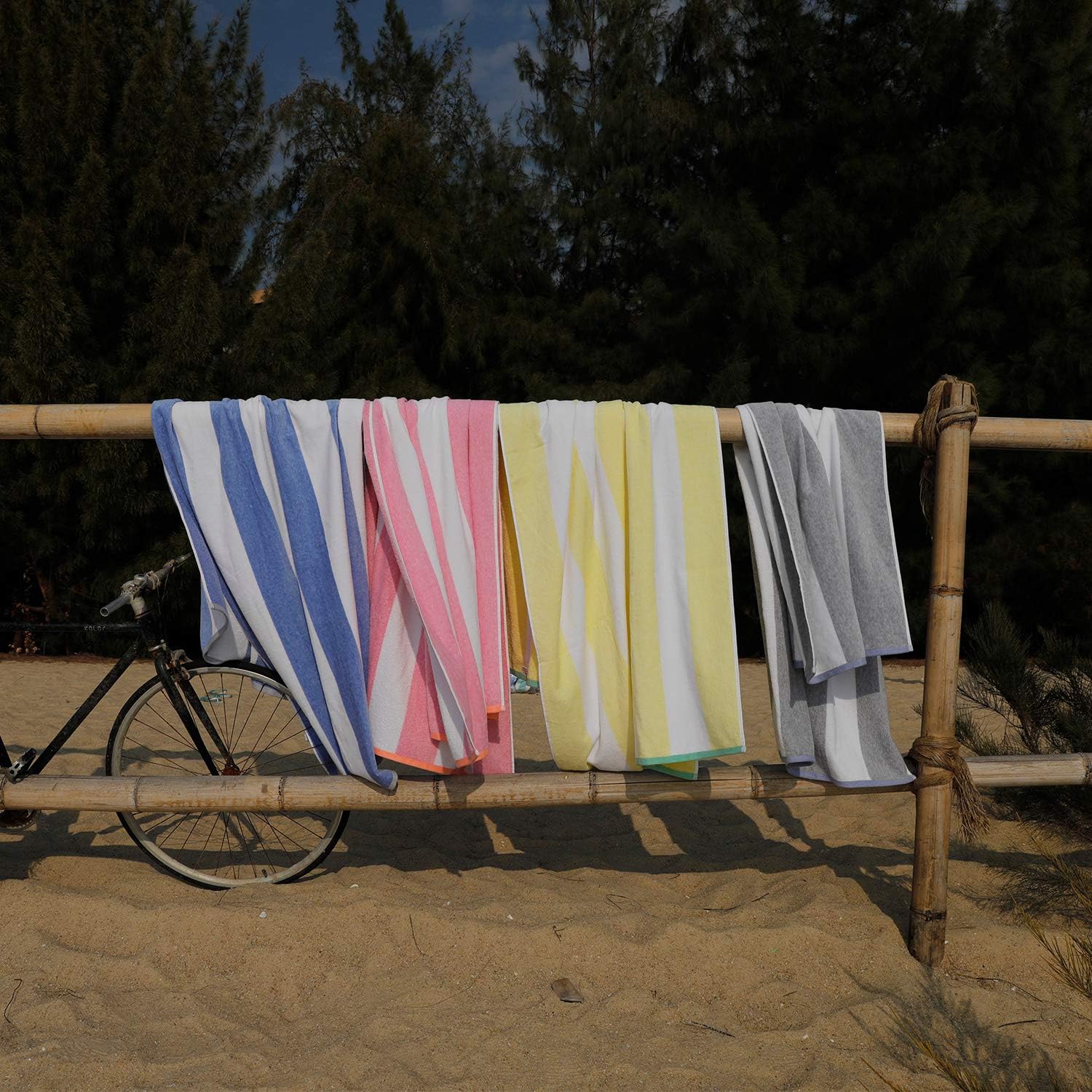 Skiennix Cotton Oversized Beach Towel - Large 70 x 35 Inch Quick-Dry Green Striped Pool Towel