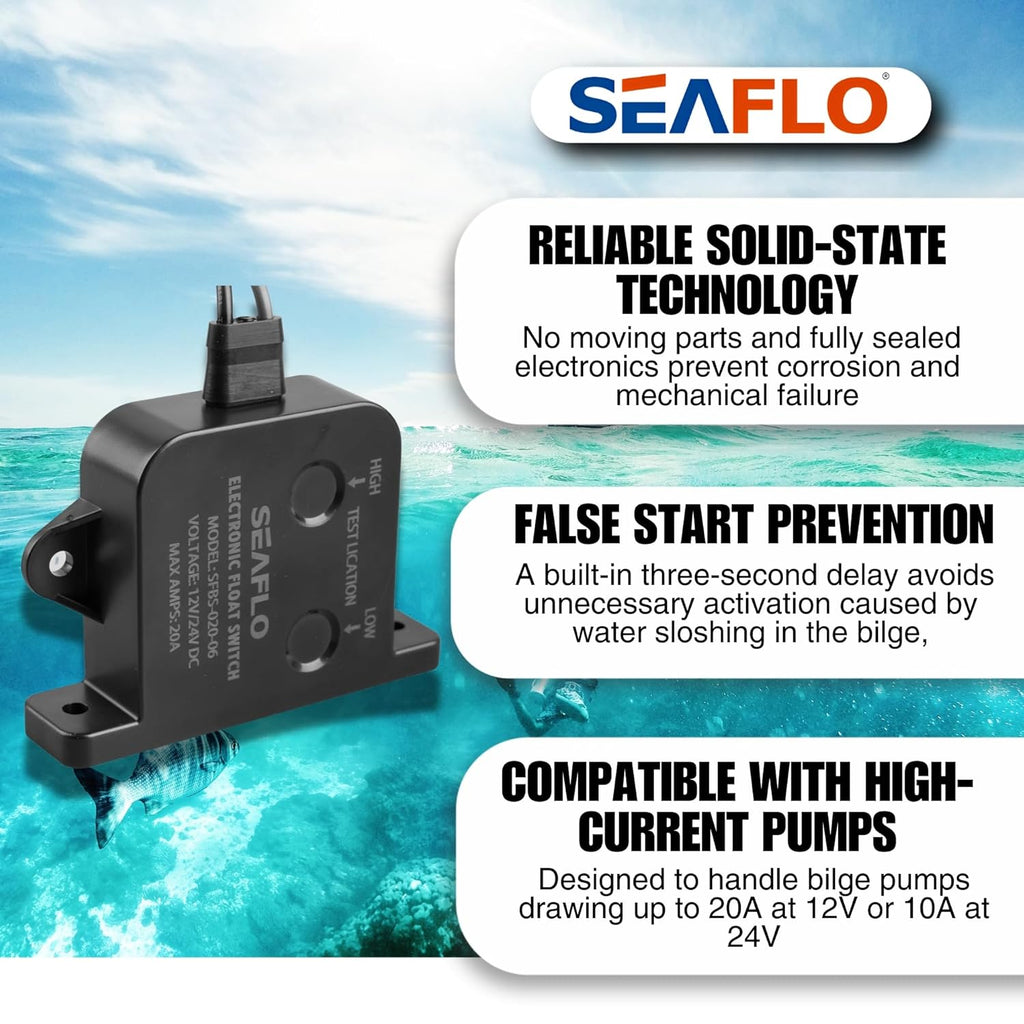 SEAFLO Electric Bilge Switch - Automatic Water Level Sensor, 12V/24V, 20A/10A, Marine Boat | 4-Year Warranty
