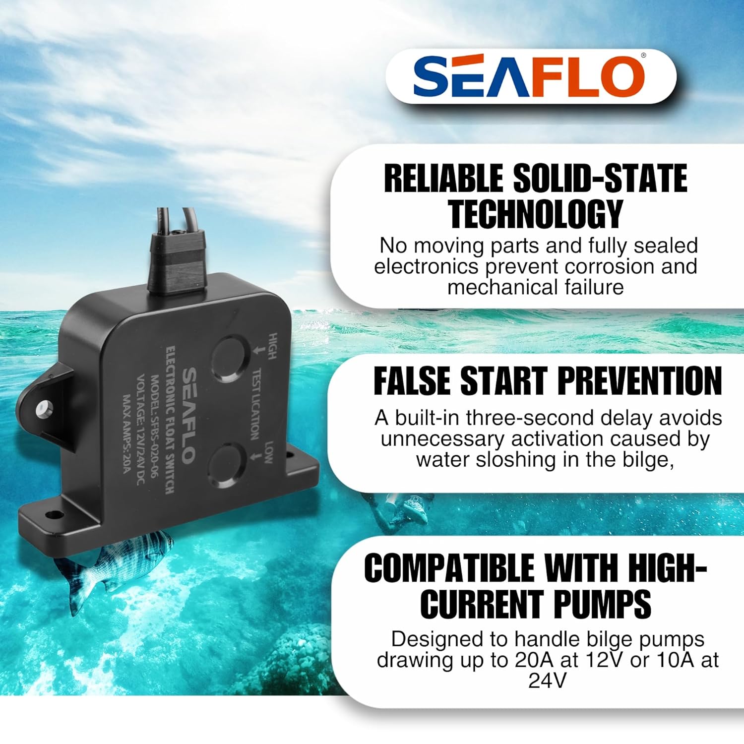SEAFLO Electric Bilge Switch - Automatic Water Level Sensor, 12V/24V, 20A/10A, Marine Boat | 4-Year Warranty