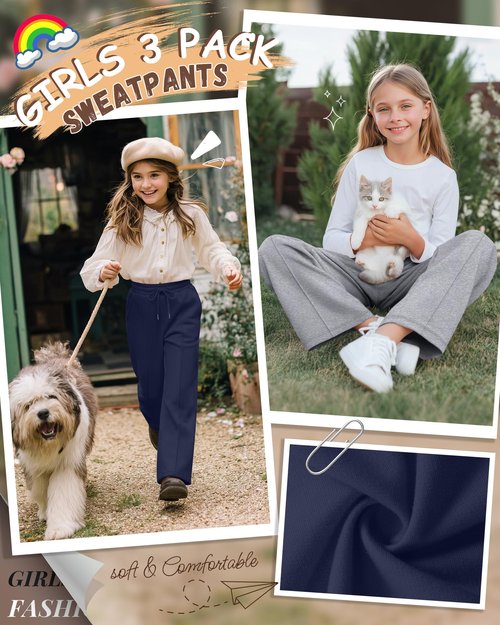 LessonZoo 3 Pack Girls Wide Leg Sweatpants Drawstring Baggy Pants Teen Girls Athletic Joggers Pants with Pockets 5-14Y(Navy Blue, Light Heather Gray, Black,11-12 Years)