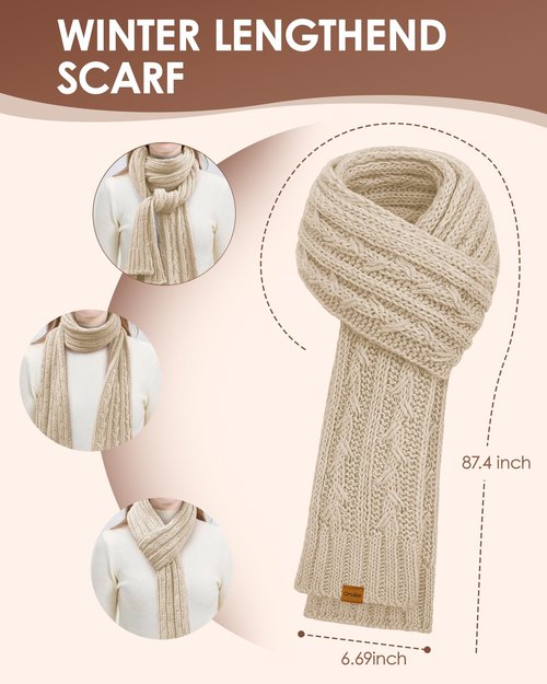 Womens Winter Beanie Hat Scarf Gloves Set, Fleece Lined Knitted Hat with Pompom Long Scarf Touchscreen Mittens for Women Men (Oatmeal)