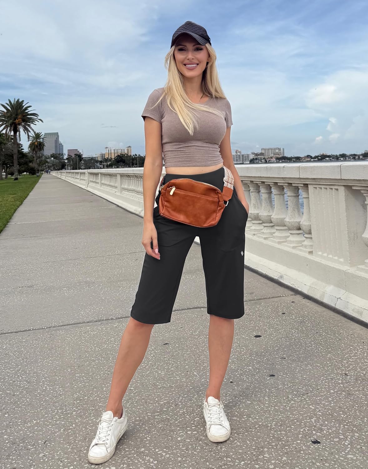 SANTINY 14" Women's Knee-Length Shorts - High-Waisted Stretch Bermuda with Pockets for Summer Casual