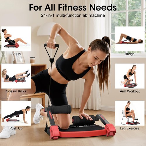 PAPIBLU Ab Machine Ab Trainer - Sit Up Exercise Equipment& Core Machine, 4 Level Adjustable Resistance, Foldable Ab Crunch Machine for Home Gym Stomach Workouts - Red
