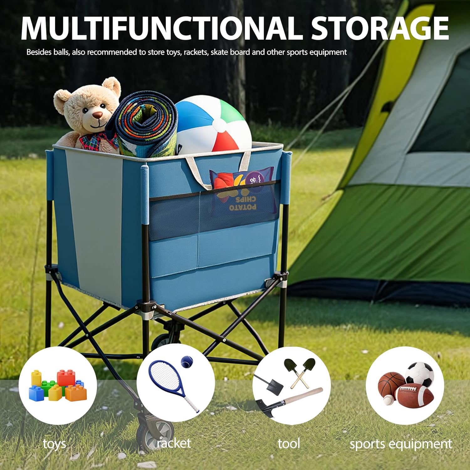 ZeHuoGe Rolling Ball Storage Cart - Collapsible Sports Equipment Organizer with Wheels | Multi-Sport Family Gym
