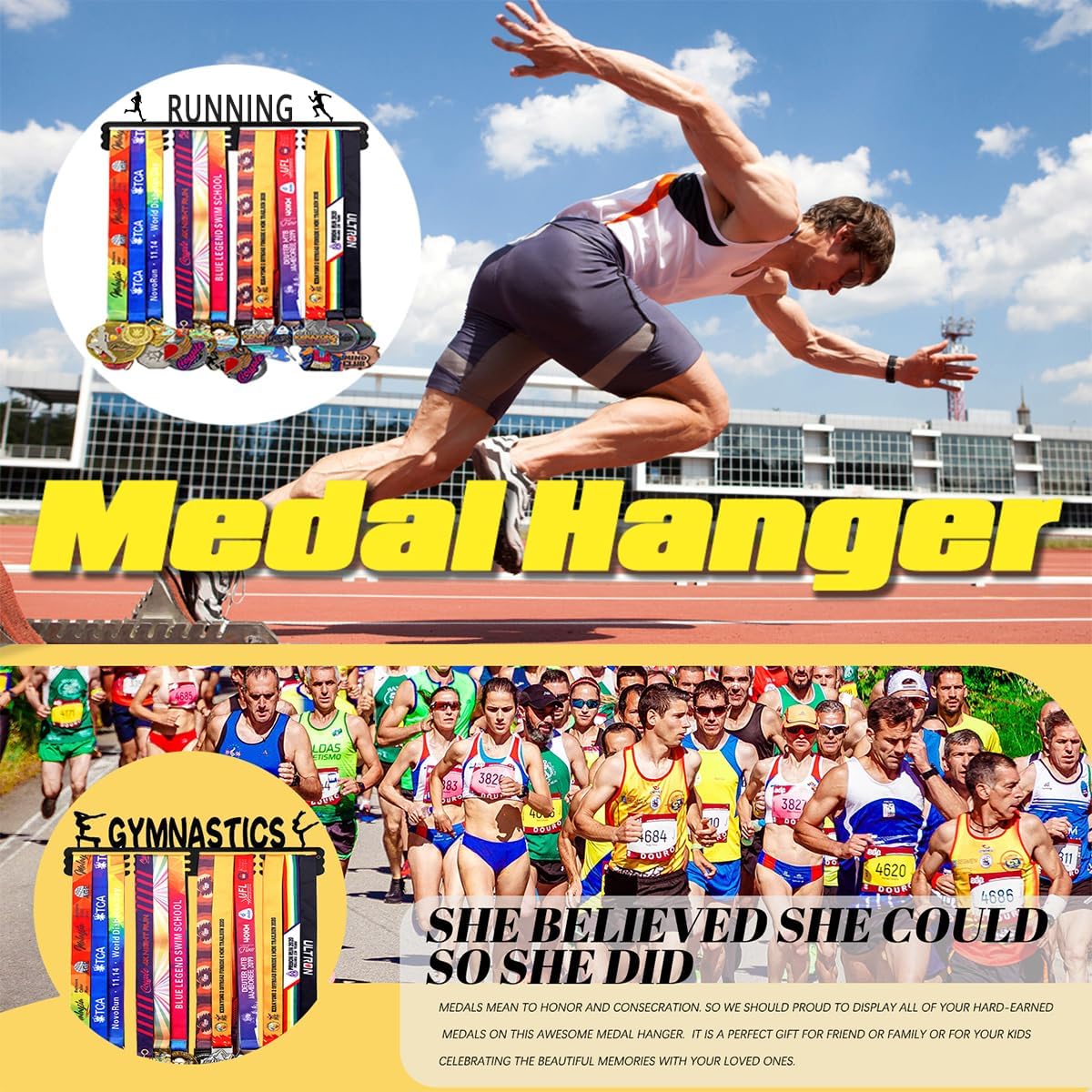 Skiennix Personalized Medal Holder - Custom Name Display Rack for 60 Awards Ribbons | Wall-Mounted Metal Hanger for Athletes