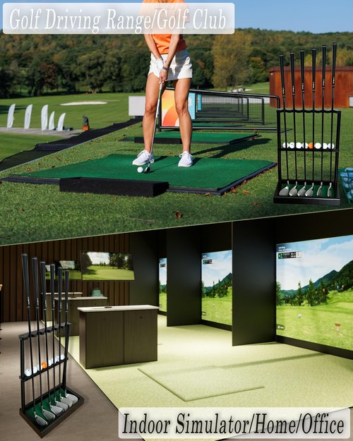 GACCO BILLIARDS Golf Club Holder Stand, Wooden Golf Putter Stand Floor Display Rack, Golf Club Organizer Hold up to 6 Clubs and Ball Storage, Putter Rack for Indoor Club Simulator or Office (Black)