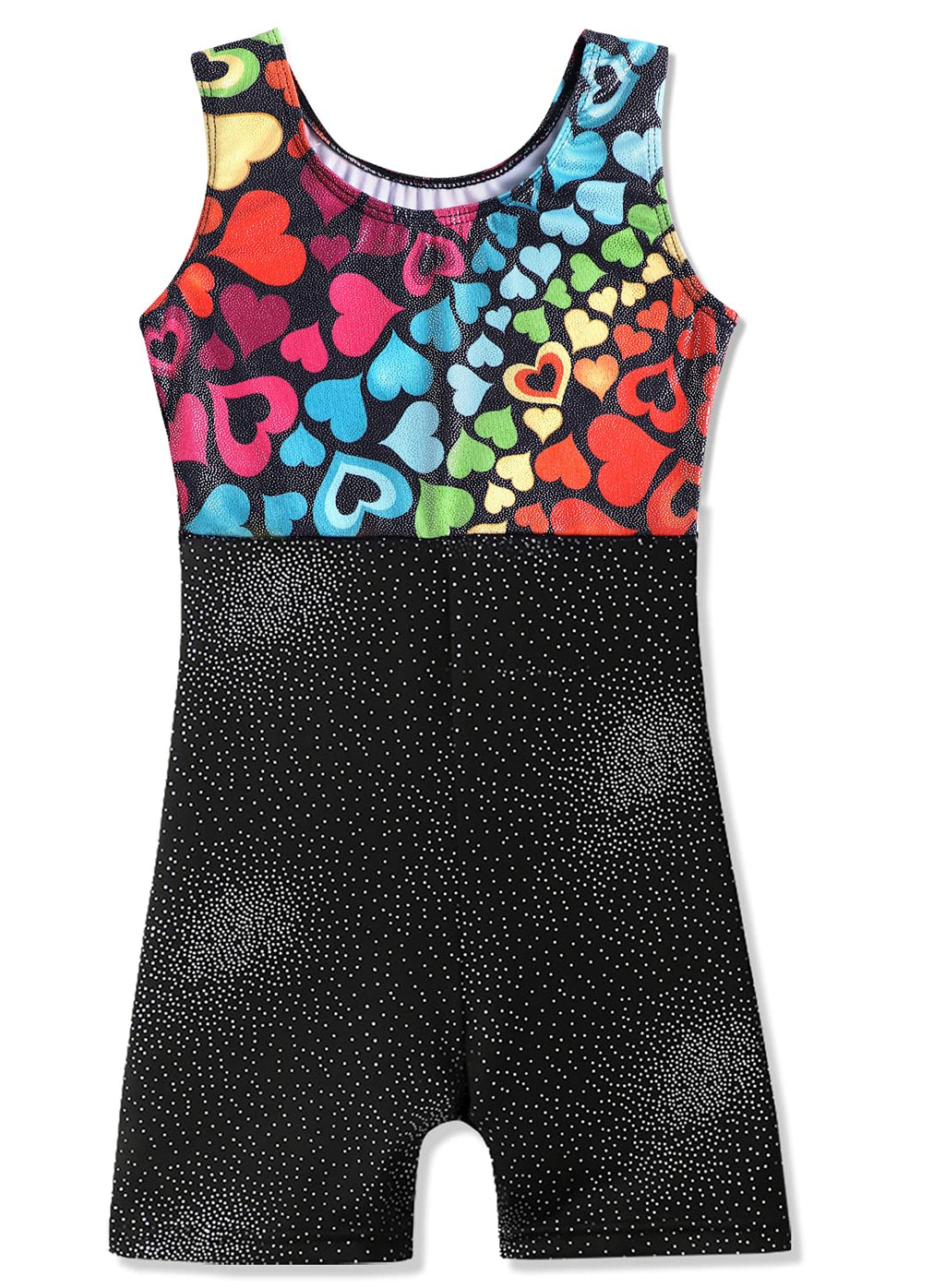 Leotards for Girls Gymnastics Ballet Dance Outfit size 6 7 Sparkle Colorful Hearts Sleeveless Biketards Hotpink Black (Rainbow Heart, 6-7 Years)
