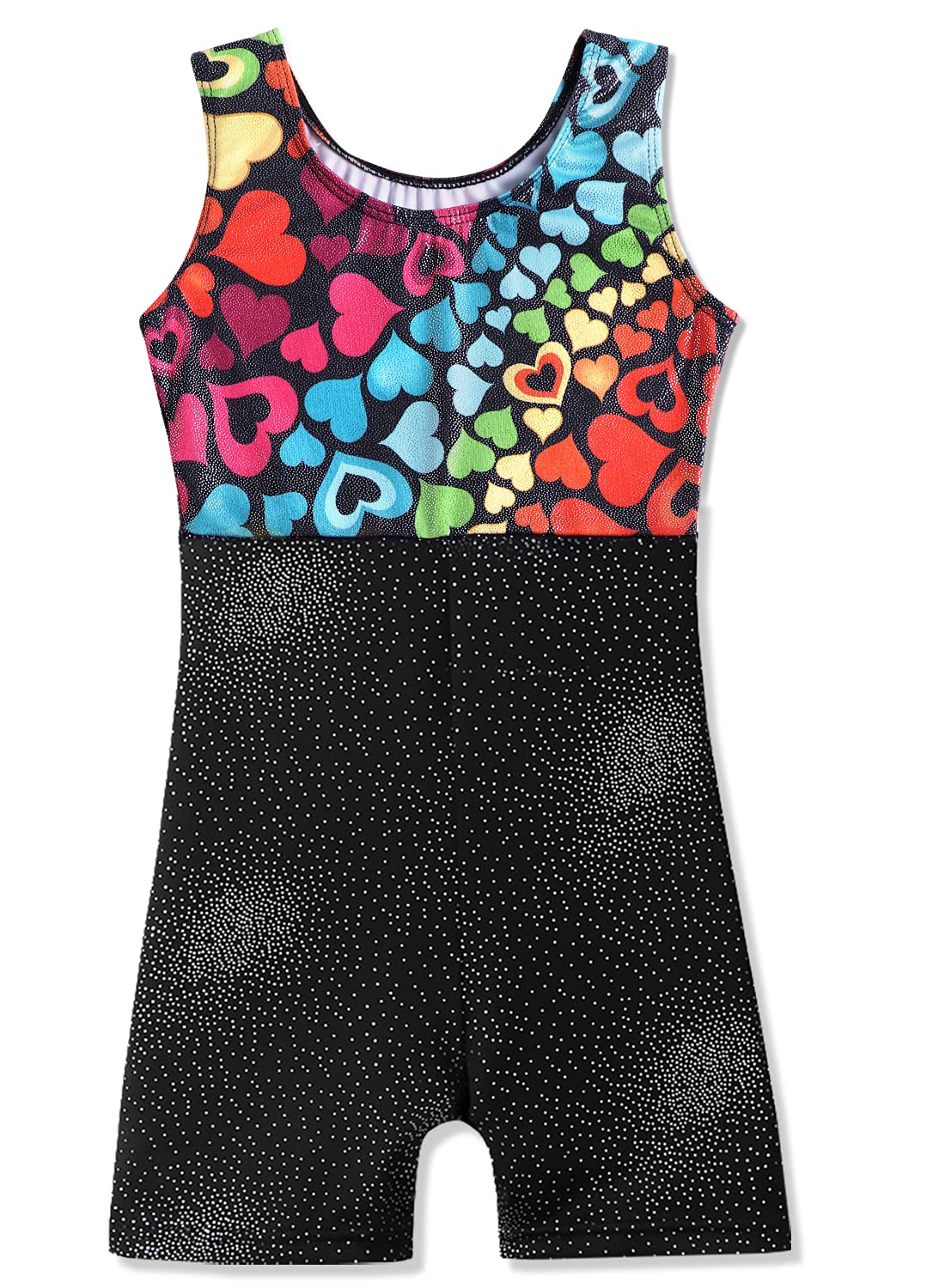 Leotards for Girls Gymnastics Ballet Dance Outfit size 6 7 Sparkle Colorful Hearts Sleeveless Biketards Hotpink Black (Rainbow Heart, 6-7 Years)