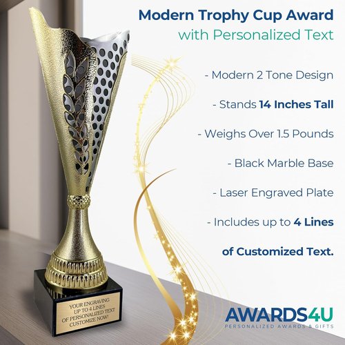 Custom Trophy Cup by [Brand Name] - 14” Tall Engraved Gold & Silver Award for Sports | Personalized MVP Plate