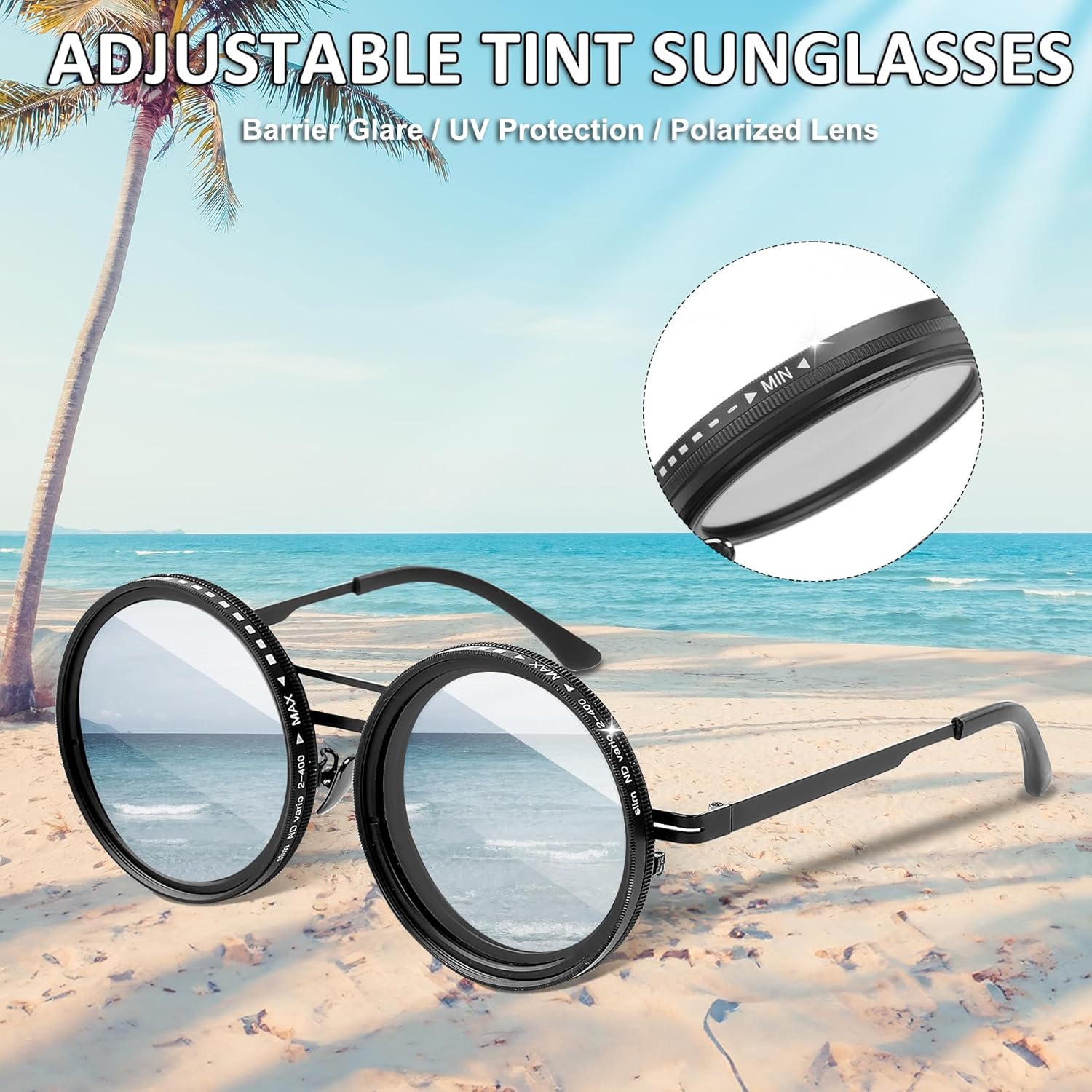 Skiennix Adjustable Tint Sunglasses - Polarized Round Glasses with Manual Tint Control & ND Filter