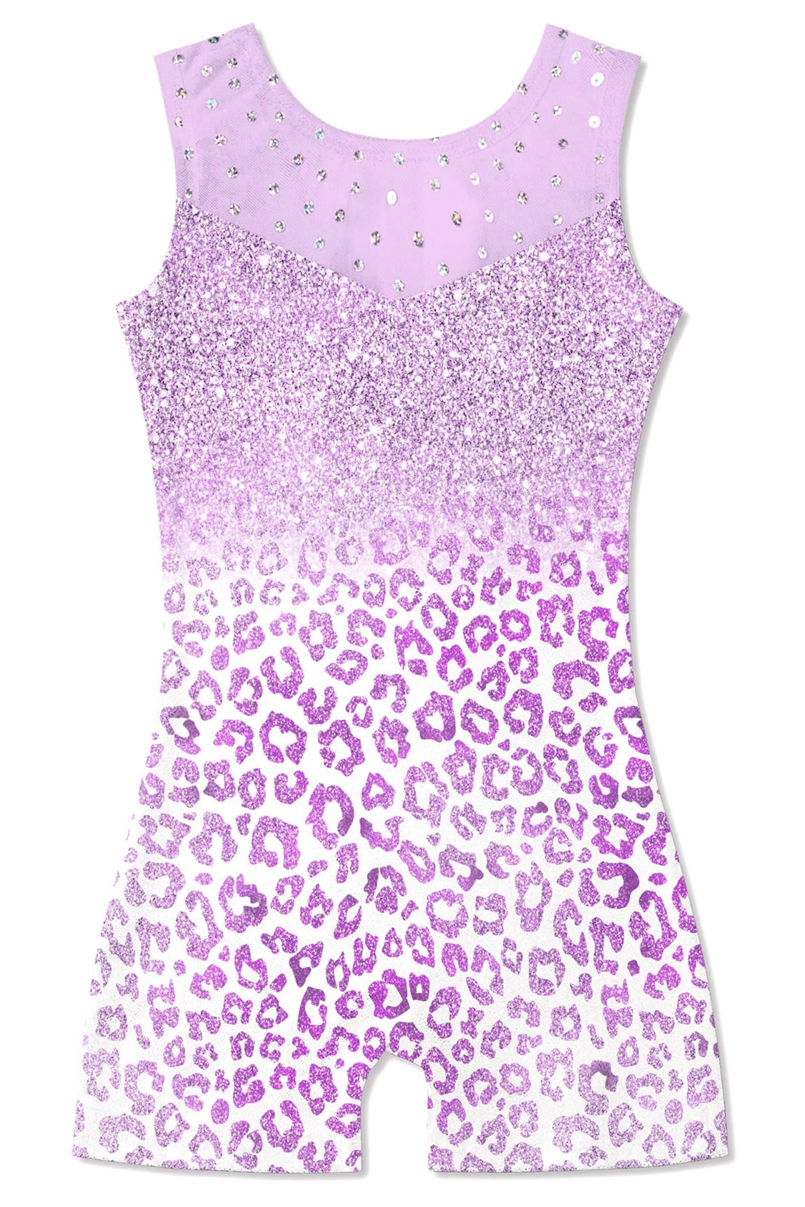 uideazone Little Girls Gymnastics Leotards 4t 5t Purple Leopard Ballet Unitards Sparkle Sequin Mesh Biketard Athletic Dance Wear for Kids