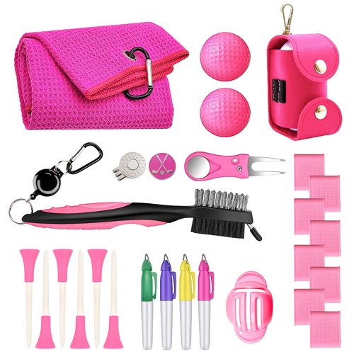 HYYPME Golf Accessories Kit 20 PCS Pink Golf Gift Set - Golf Towel, Ball Marker, Pins, Golf Club Cleaner, Pink Golf Balls w/Holder, Ball Alignment Kit, Divot Repair, Plastic Tees, All Pink Kit