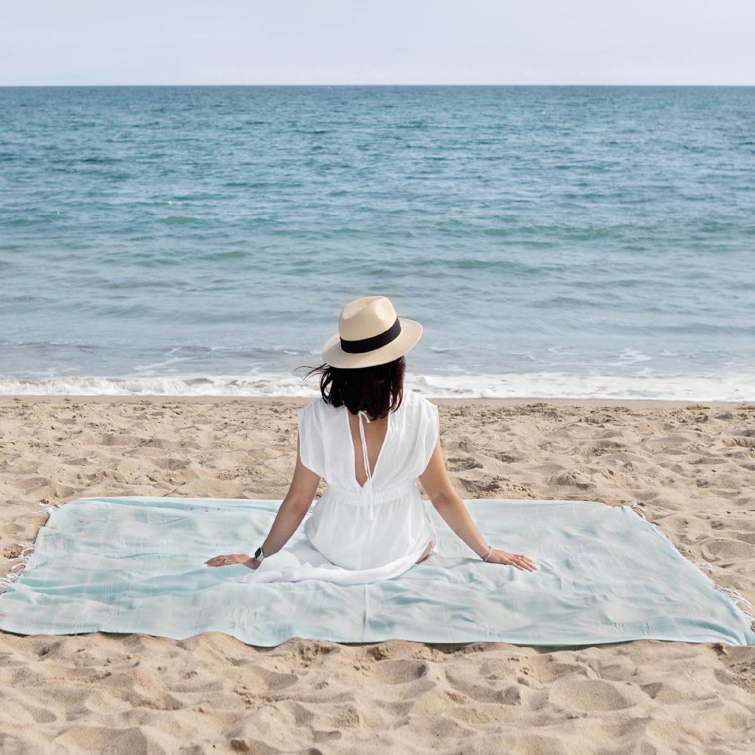 WETCAT Turkish Beach Blanket - Sandproof 100% Turkish Cotton, Extra Large 82"x82", Ultra Soft - Aqua