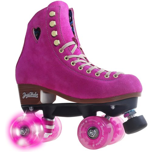 JajaHoho Fuchsia Quad Roller Skates for Women Girls, Suede Nubuck Genuine Leather, Reinforced Nylon Fiber Thrust Plate, Shiny Double-Row LED Light Up Wheels, Indoor Outdoor (Hot Pink, Size 8)