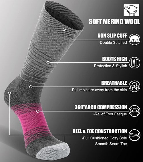 FITRELL Women's Merino Wool Hiking Socks - 4 Pack, Cushioned & Thermal for Ultimate Comfort