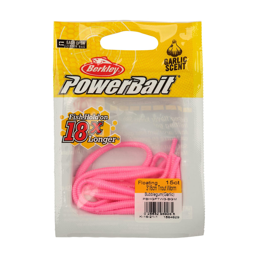 Berkley PowerBait Power Floating Trout Worm Fishing Bait, Bubblegum, 3in | 8cm, Irresistible Scent & Flavor, Realistic Worm Profile, Ideal for Trout and More