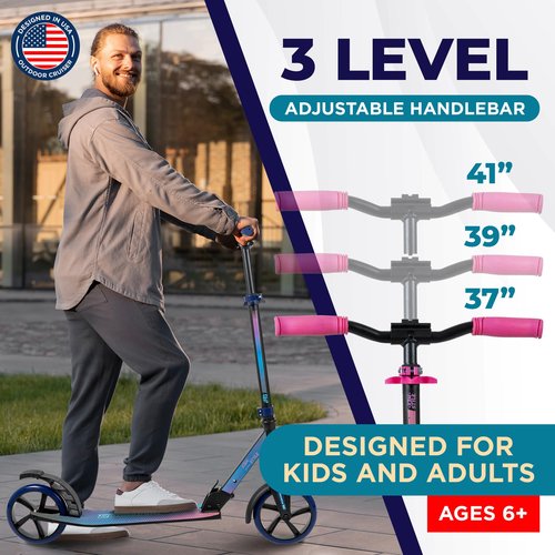 Outdoor Cruiser Kick Scooter for Ages 6+, for Kids, Teens, and Adults, Max Load 250 LBS, Foldable, 8-inch Big Wheels, Dual Suspension, 3 Adjustable Levels, Child Safety Approved, Yellow and Pink