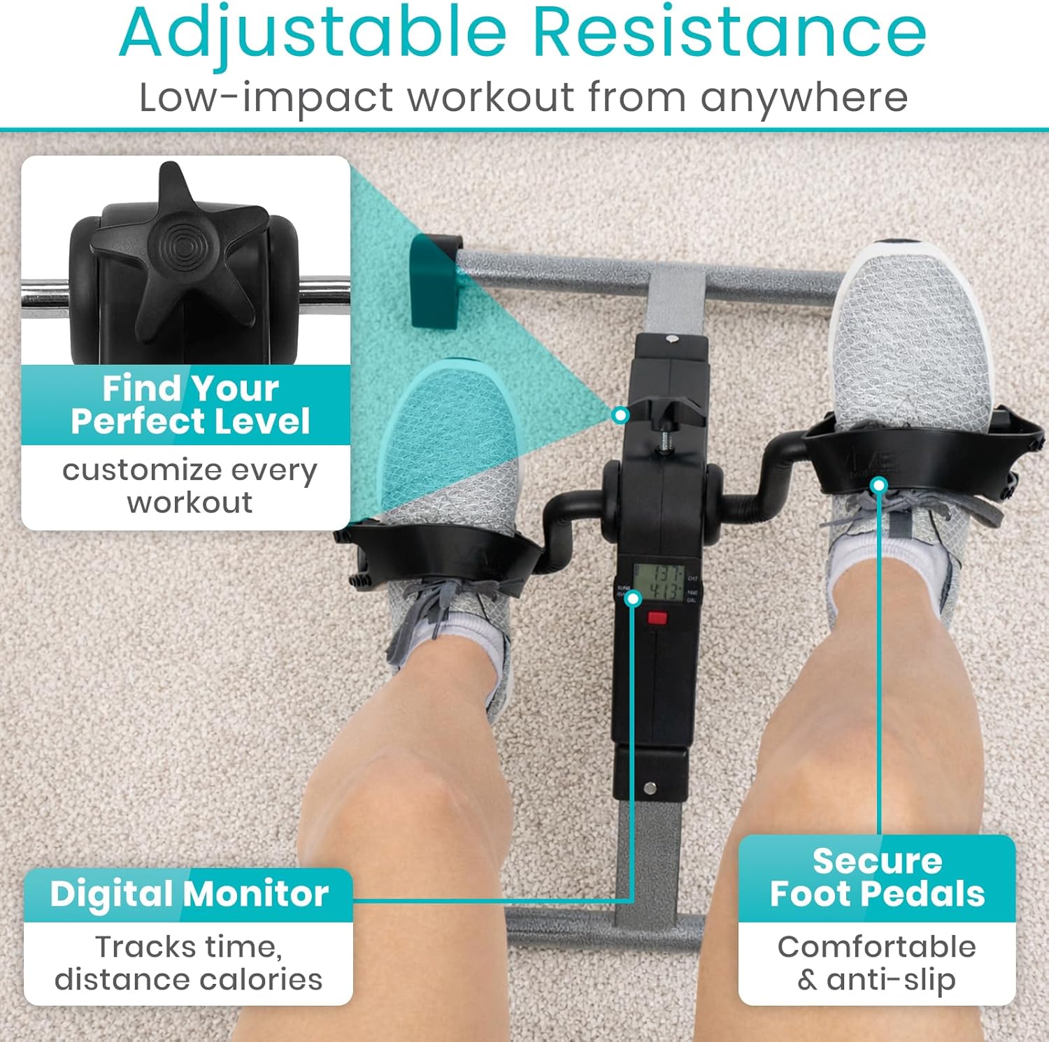 Vive Folding Pedal Exerciser - Under Desk Exercise Bike for Seniors | Mini Stationary Peddler with LCD Display