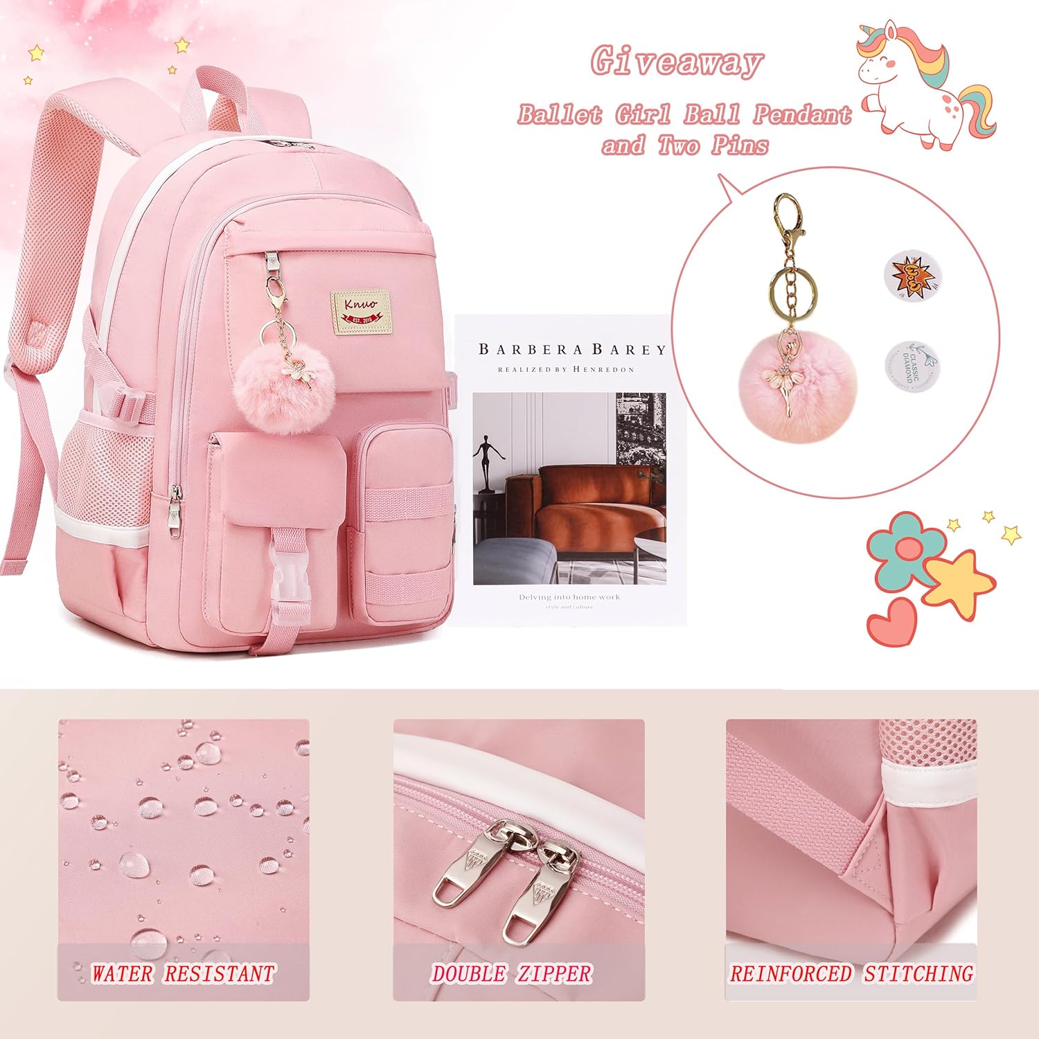 Skiennix Girls Laptop Backpack - Cute Anti-Theft Daypack for School | 15.6 Inch - Pink