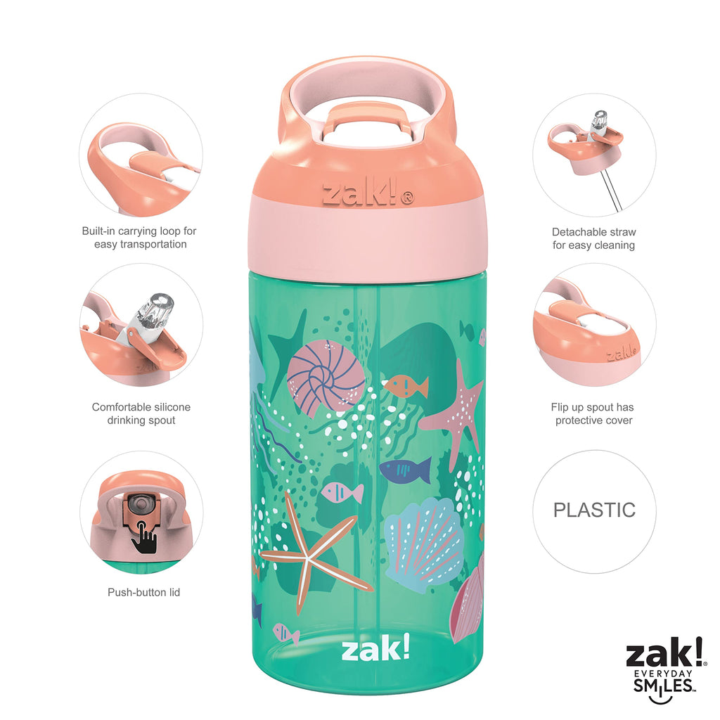 Zak Designs 16oz Riverside Kids Water Bottle with Spout Cover and Built-in Carrying Loop, Made of Durable Plastic, Leak-Proof Water Bottle Design for Travel (Unicorn & Shells, Pack of 2)
