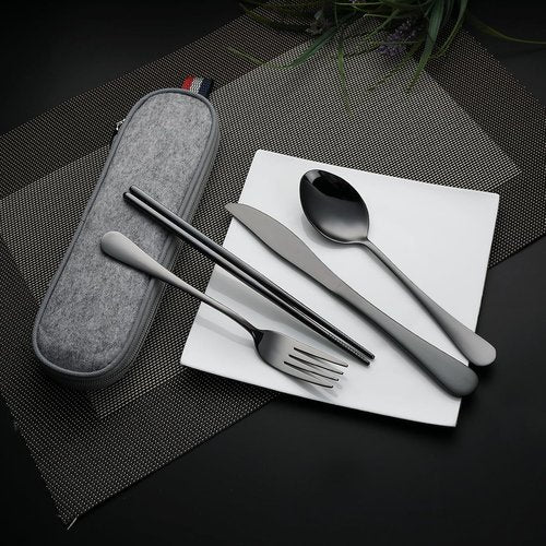 DEVICO Portable Camping Utensils Set - Stainless Steel Reusable Cutlery with Case | 5-Piece Set in Black