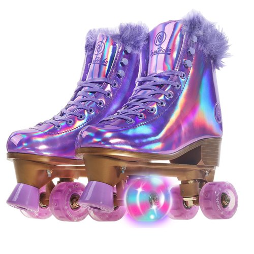 JajaHoho Roller Skates for Women, Holographic High Top Classic Rollerskates, Shiny Double-Row Purple Four Wheels Quad Skates for Girls Indoor & Outdoor (Lilac, Size 9)