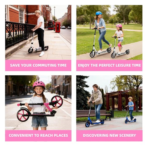 FREEDARE Kick Scooter for Kids Ages 8+, Foldable Kids Scooter with 2 Big 8-inch Wheels and 4-Level Adjustable Handlebar, Max Load 220 LBS, Pink