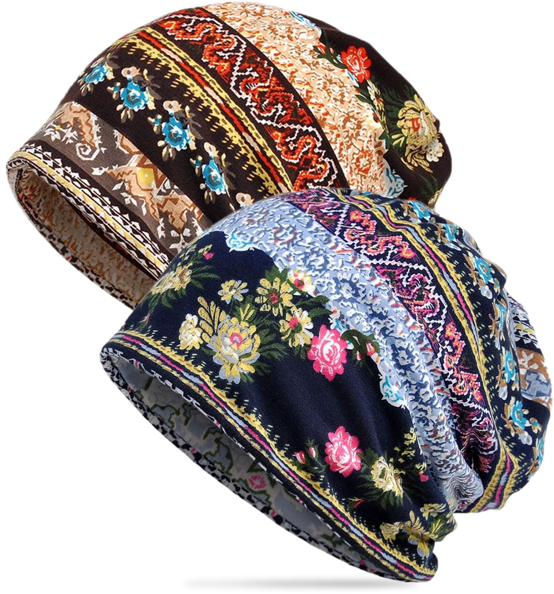 Women's Summer Beanie for Men Hat Boho Hats Adult Dwarf Hats Chemo Cap Cancer Headwear Caps Baggy Skull Sleep Cap Nightcap (A-1332Pack)