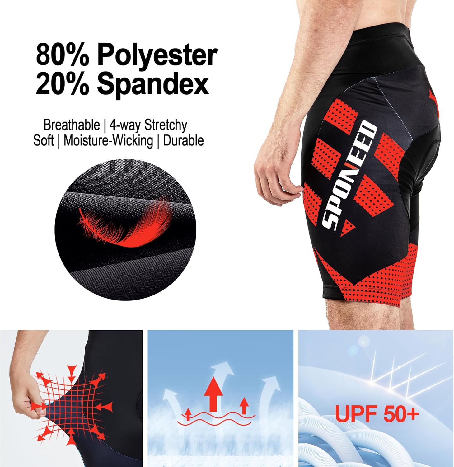 Sponeed Men's Cycling Shorts - Padded Bicycle Riding Pants for Ultimate Comfort | Black, Size M