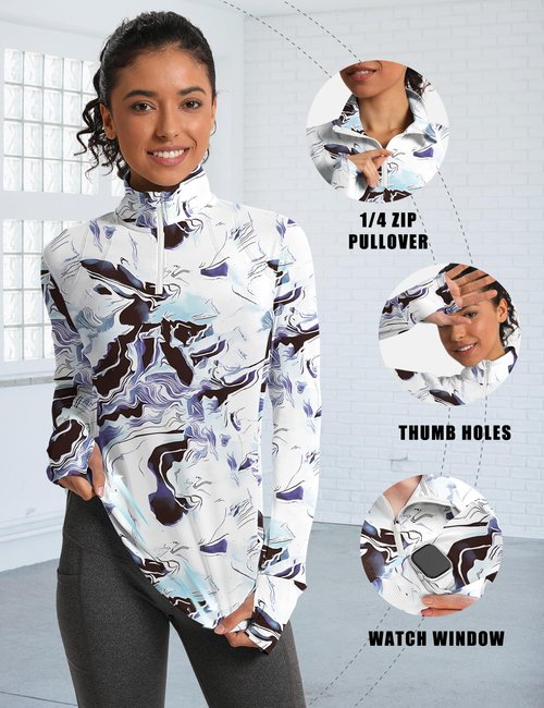 IECCP Womens Long Sleeve Sun Shirts 1/4 Zip UV SPF 50+ Sun Protection Quick Dry Athletic Polo Shirts Lightweight Breathable Running Workout Tops with Watch Hole (White Marble Texture,L)