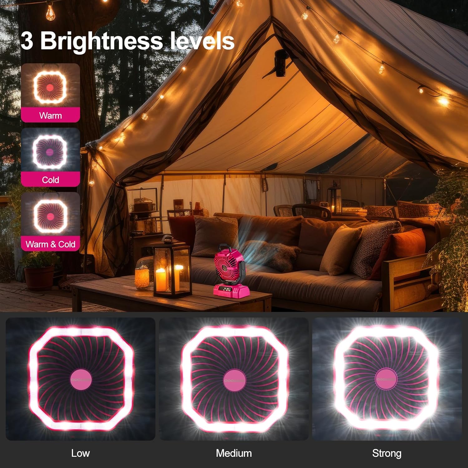 Odoland Portable Camping Fan - 20000mAh Rechargeable Battery, LED Lantern, 360° Rotation, Pink