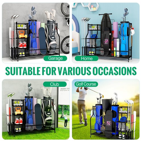Flibaluly Golf Bag Storage Garage Organizer-Heavy Duty Golf Bag Rack for 3 Golf Bags,Golf Accessories with 4-Tier Shelf and Wheels for Home,Club,Garage and Basement