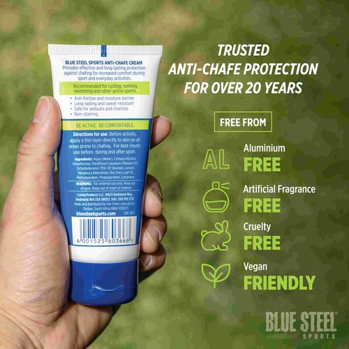 Blue Steel Sports Anti Chafe Cream 100ml – Long-Lasting Protection for Running, Cycling & Sports | Sweat & Water Resistant | Non-Greasy, Non-Staining | For Sensitive Skin, Men & Women