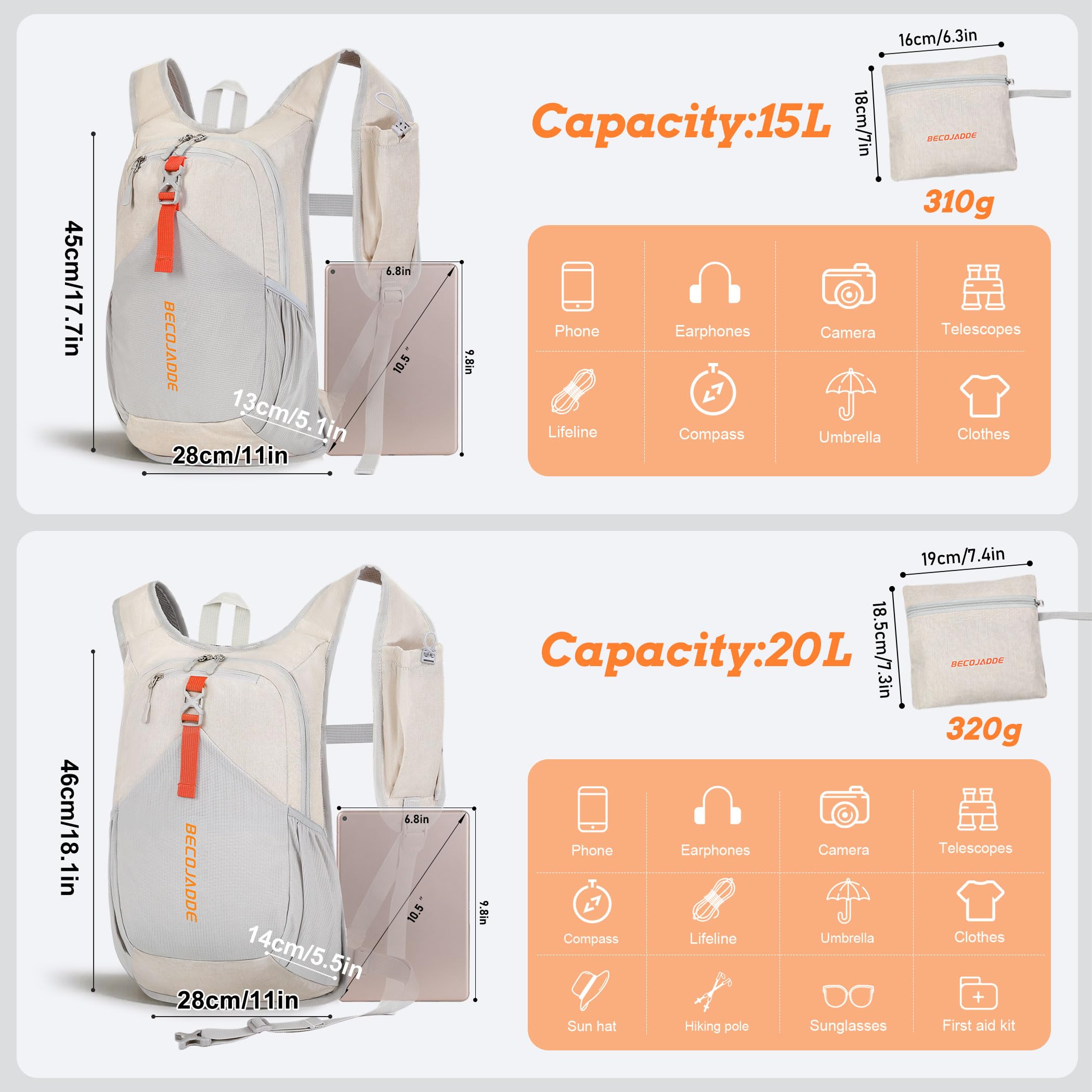 BECOJADDE 15L Small Hiking Backpack for Men Women Foldable Packable Back Pack Ultralight Hiking Daypack for Travel Camping Outdoor, Beige