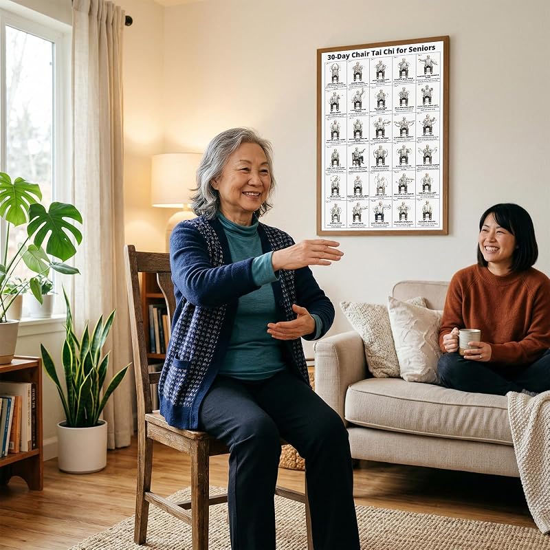 Chair Tai Chi Workout Chart for Seniors – Seated Exercises Canvas Wall Art (A) 24" x 16"