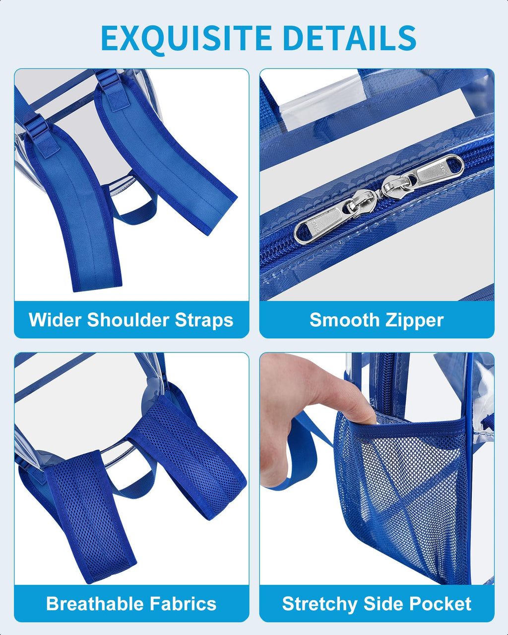 Paxiland Clear Backpack Stadium Approved, Size 12x9x4 Small Clear Bag for Stadium Events with Front Pocket, See Through Backpack for Sport Events Concert, Blue