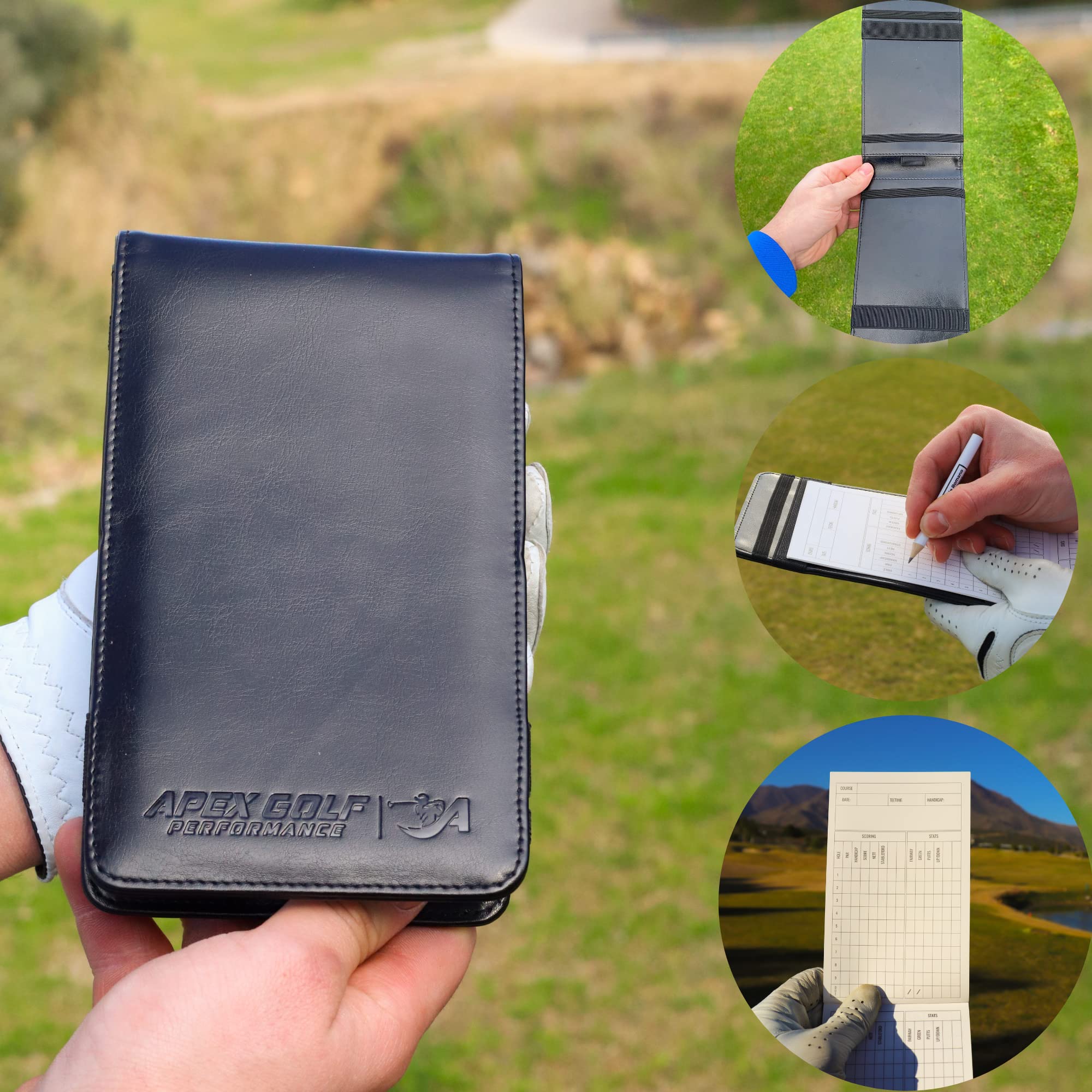 PU Leather Golf scorecard Holder & 2 Weatherproof Golf Notebook with Golf Yardage Book/Golf Scorecard Book - Golf Notebook + 30x scorecards. Golfers Journal, Perfect Golf Gadgets for Men/Woman