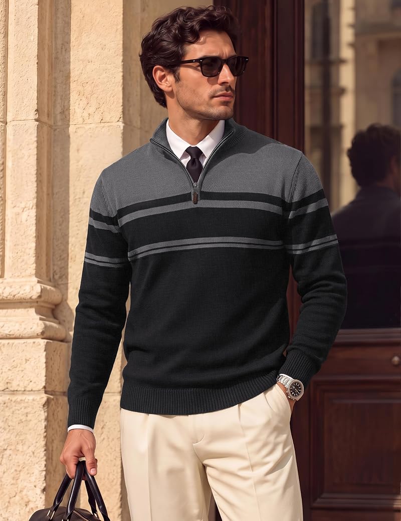 Magcomsen Men’s Quarter Zip Cotton Sweater Dark Grey Black Large